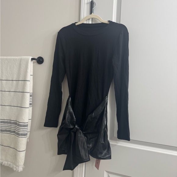 Micas Faux Leather Patchwork Tie Front Round Neck Ruched Mini Dress - Picture 3 of 5